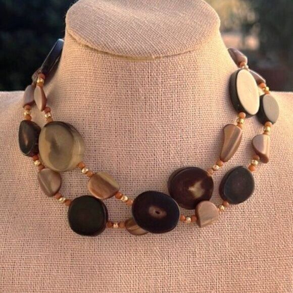 Vintage 70's Natural Horn, Coral & Abalone Shell Necklace 25” - Picture 6 of 14